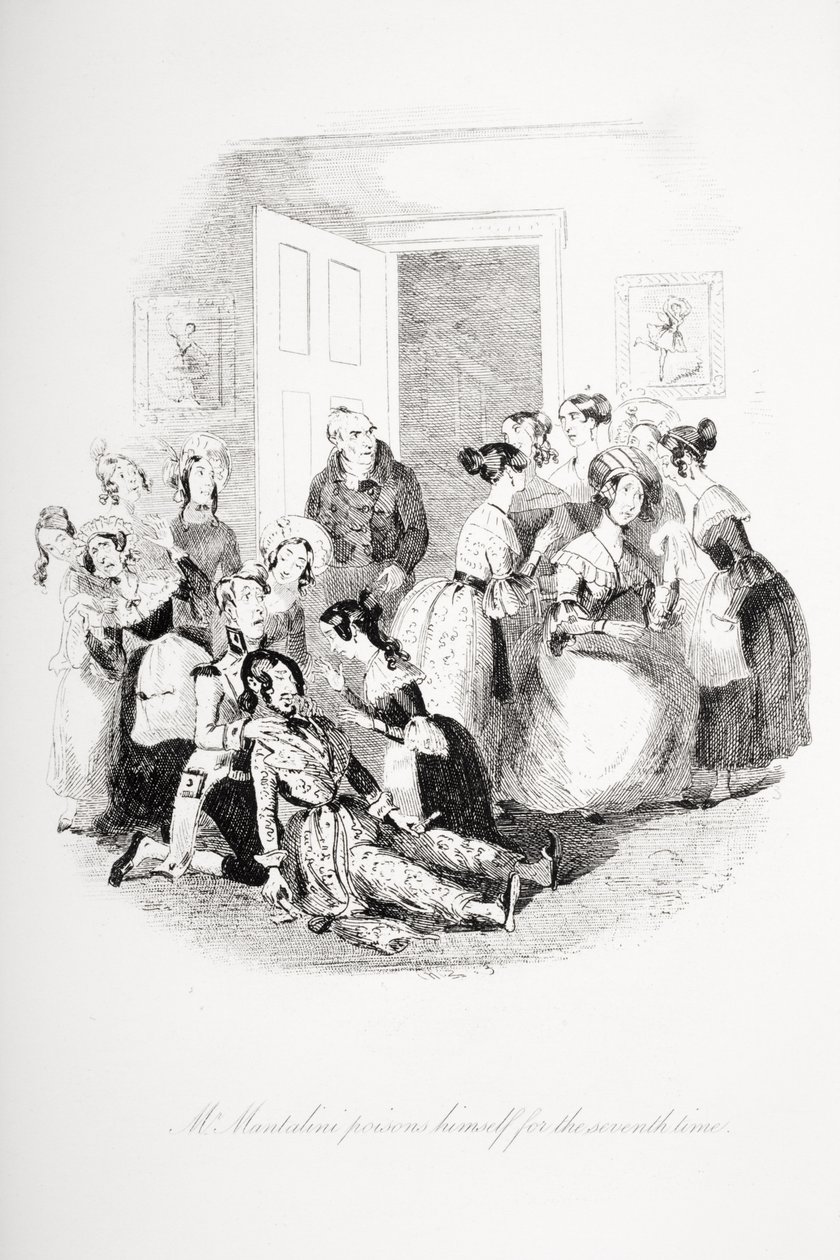 Mantalini se envenena pela sétima vez, ilustração de "Nicholas Nickleby", de Charles Dickens (1812-1870), publicada em 1839 de Hablot Knight Browne