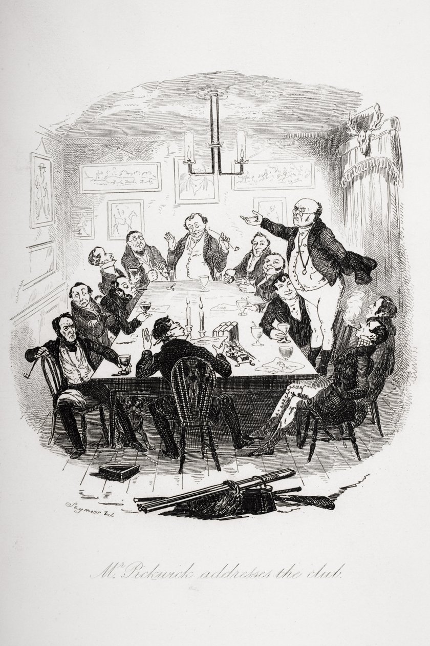 Sr. Pickwick aborda o clube, ilustração de "The Pickwick Papers" por Charles Dickens (1812-1870) publicado em 1837 de Hablot Knight Browne