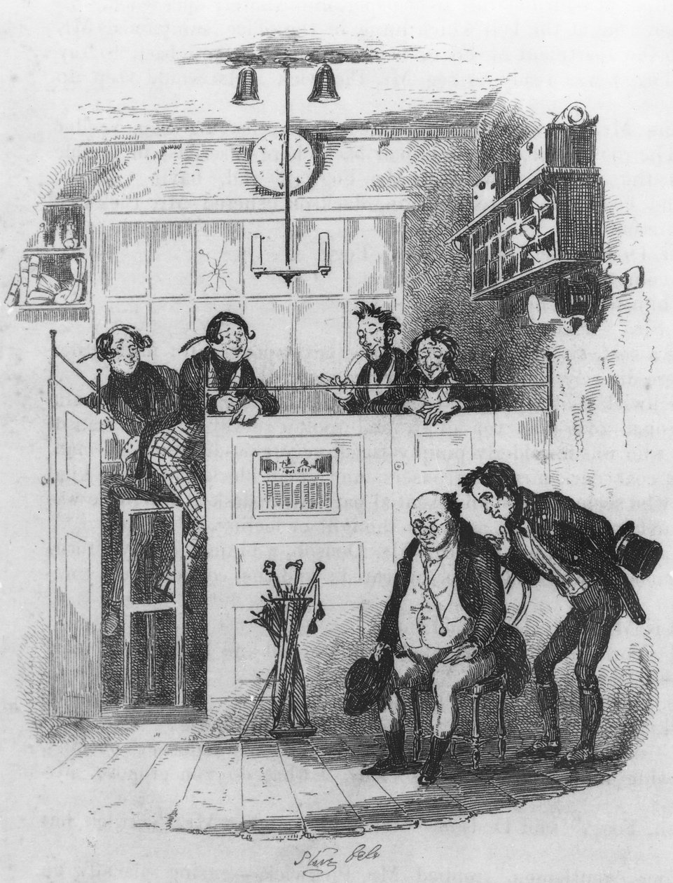 Sr. Pickwick e Sam no escritório do advogado, ilustração de "The Pickwick Papers", de Charles Dickens, 1837 de Hablot Knight Browne