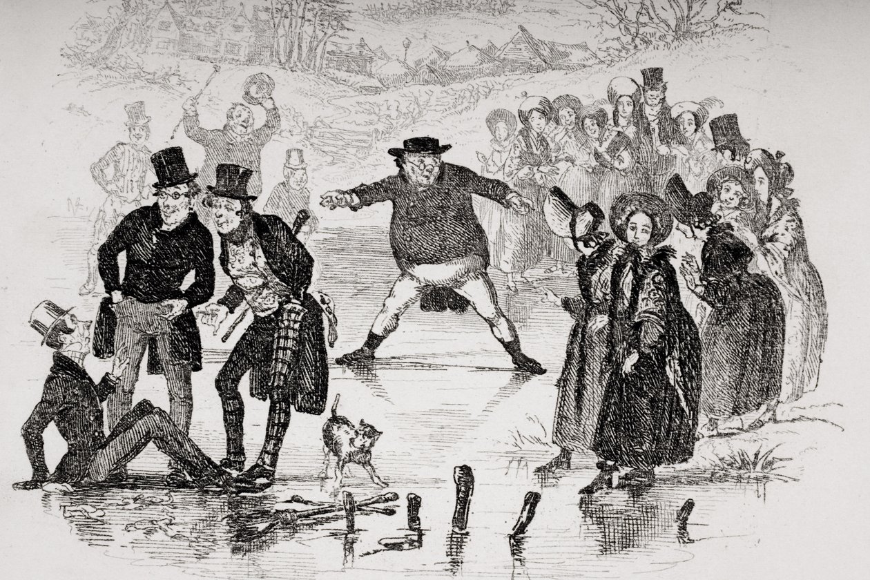 O Sr. Pickwick desliza, ilustração de "The Pickwick Papers", de Charles Dickens (1812-1870), publicada em 1837 (ver também 259112). de Hablot Knight Browne