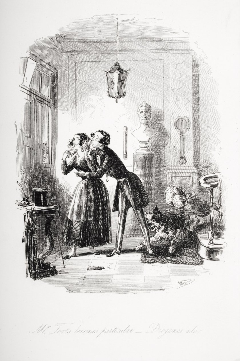 O Sr. Toots torna-se particular, Diógenes também, ilustração de "Dombey and Son" de Charles Dickens (1812-1870) publicado pela primeira vez em 1848 de Hablot Knight Browne