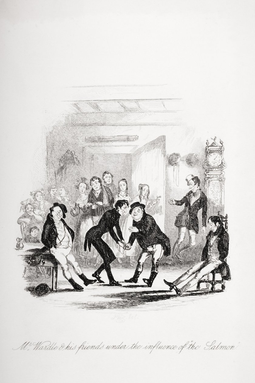 O Sr. Wardle e seus amigos sob a influência do salmão, ilustração de "The Pickwick Papers" de Charles Dickens (1812-1870) publicou 1837 de Hablot Knight Browne
