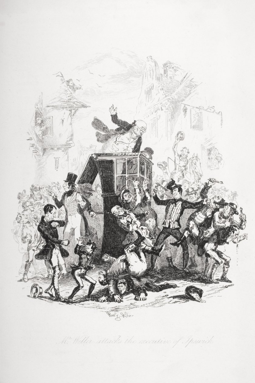 Weller ataca o executivo de Ipswich, ilustração de "The Pickwick Papers", de Charles Dickens (1812-1870), publicada em 1837 de Hablot Knight Browne