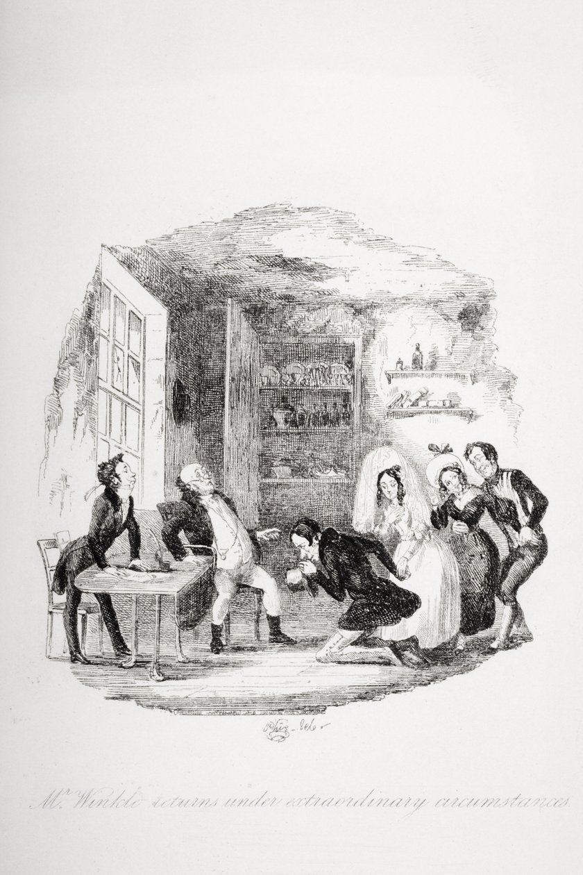 O Sr. Winkle retorna em circunstâncias extraordinárias, ilustração de "The Pickwick Papers", de Charles Dickens (1812-1870), publicada em 1837 de Hablot Knight Browne