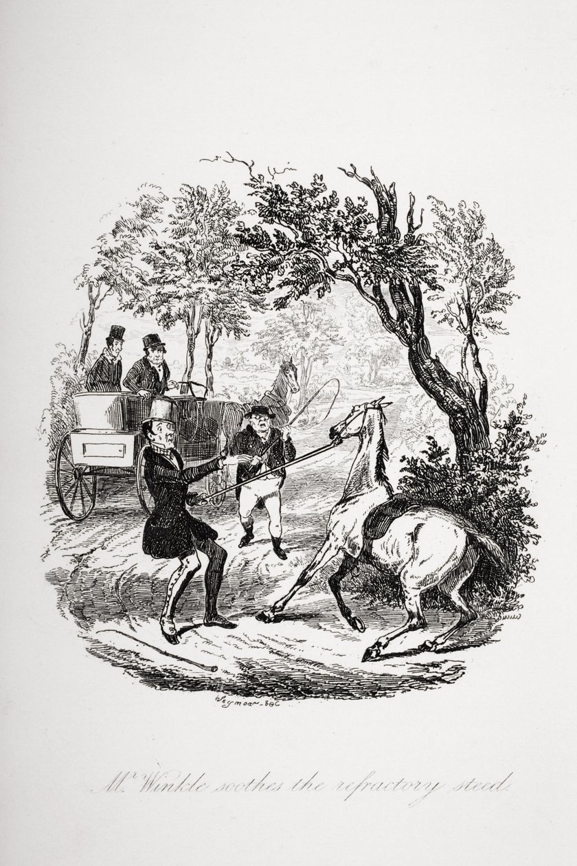 O Sr. Winkle acalma o corcel refratário, ilustração de "The Pickwick Papers", de Charles Dickens (1812-1870), publicada em 1837 de Hablot Knight Browne