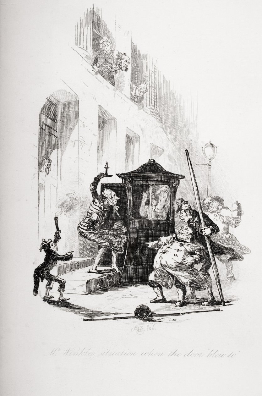 A situação do Sr. Winkle quando a porta explodiu, ilustração de "The Pickwick Papers" de Charles Dickens (1812-1870) publicou 1837 de Hablot Knight Browne