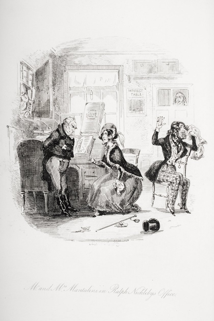 Sr. e Sra. Mantalini no escritório de Ralph Nickleby Entre Sir Mulberry e seu aluno, ilustração de "Nicholas Nickleby" de Charles Dickens (1812-1870) publicou 1839 de Hablot Knight Browne