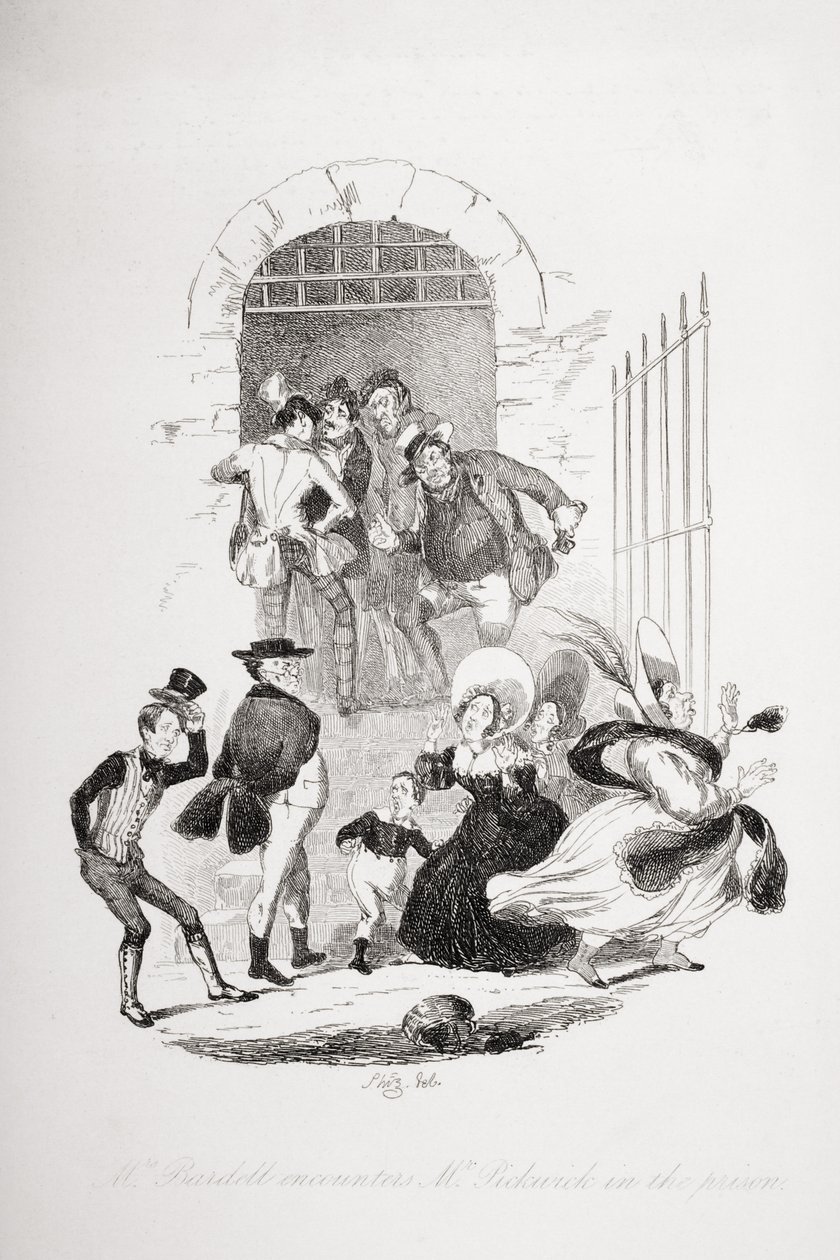 A Sra. Bardell encontra o Sr. Pickwick na prisão, ilustração de "The Pickwick Papers", de Charles Dickens (1812-1870), publicada em 1837 de Hablot Knight Browne