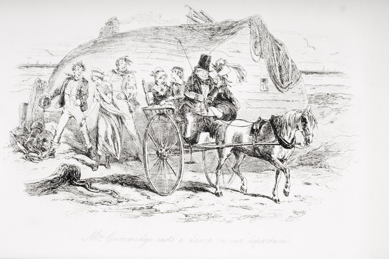 A Sra. Gummidge lança uma gota na nossa partida, ilustração de "David Copperfield", de Charles Dickens (1812-1870), publicada pela primeira vez em 1850 de Hablot Knight Browne