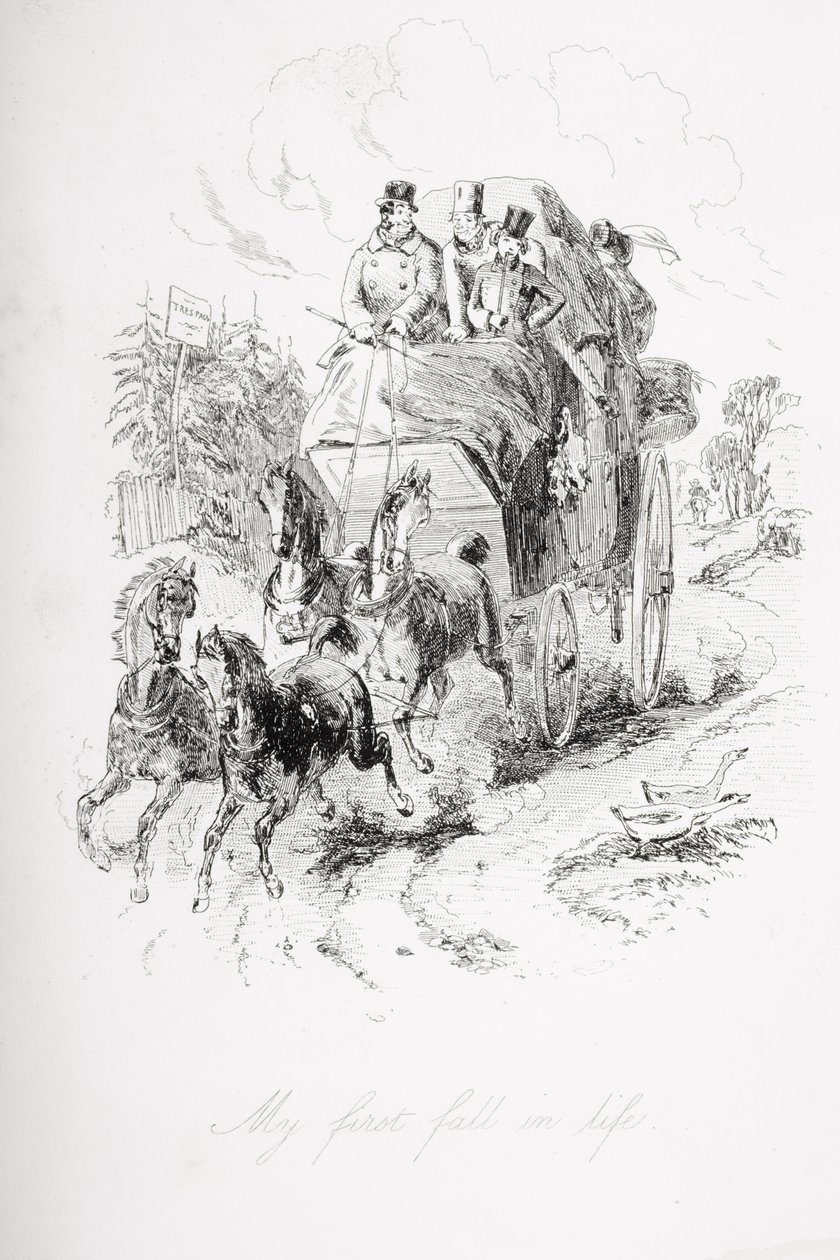 Minha primeira queda na vida, ilustração de "David Copperfield", de Charles Dickens (1812-1870), publicada pela primeira vez em 1850 de Hablot Knight Browne