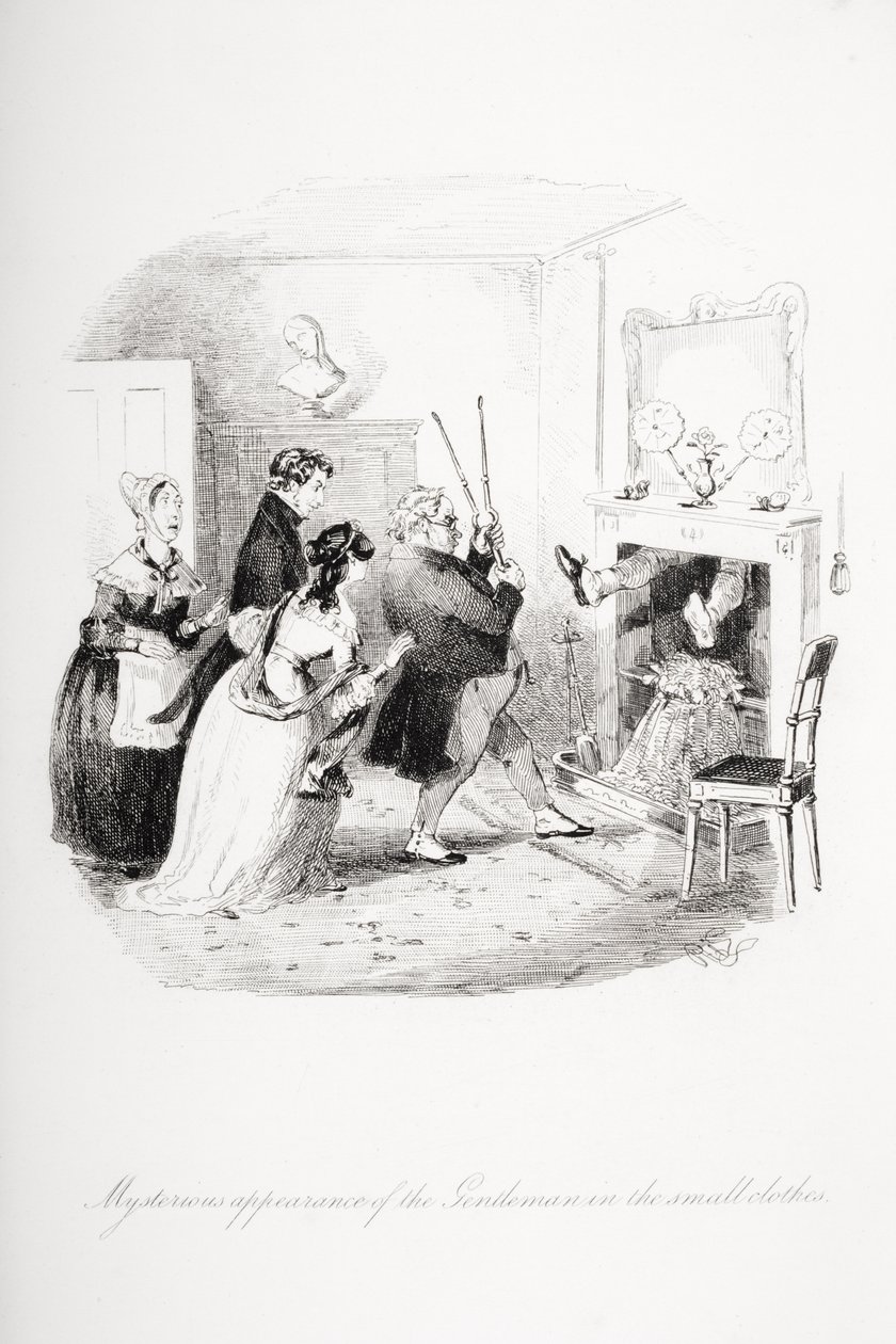 Aparência misteriosa do cavalheiro nas pequenas roupas, ilustração de `Nicholas Nickleby &39;por Charles Dickens (1812-1870) publicou 1839 de Hablot Knight Browne