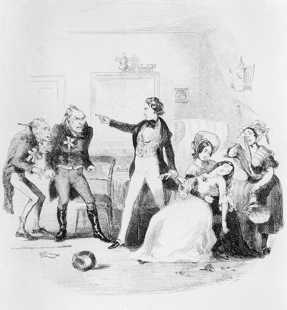 Nicholas parabeniza Arthur Gride em sua manhã de casamento, ilustração de "Nicholas Nickleby", de Charles Dickens (1812-1870), publicada em 1839 de Hablot Knight Browne