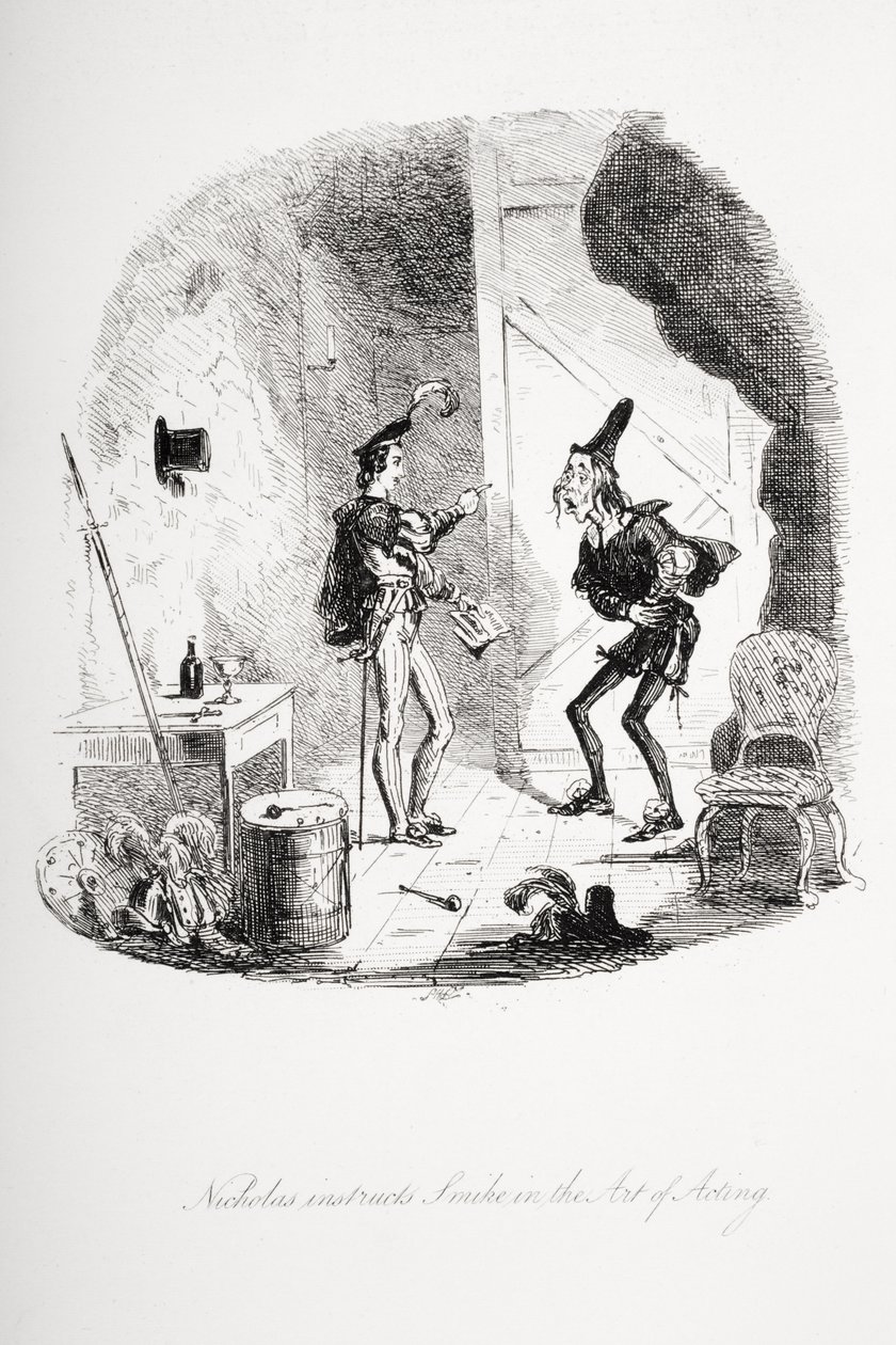 Nicholas instrui Smike na arte de atuar, ilustração de "Nicholas Nickleby", de Charles Dickens (1812-1870), publicada em 1839 de Hablot Knight Browne