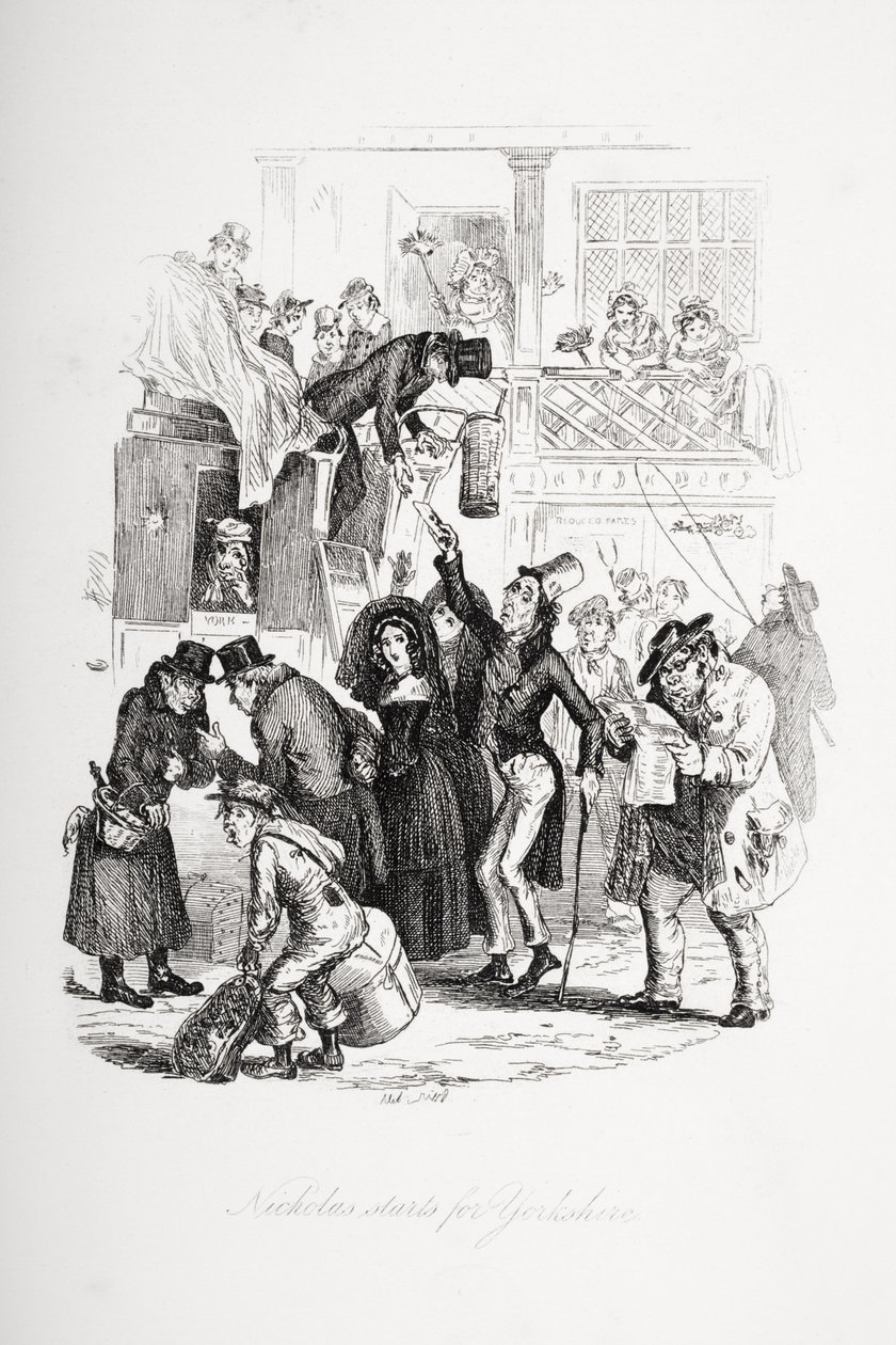 Nicholas começa para Yorkshire, ilustração de "Nicholas Nickleby" por Charles Dickens (1812-1870) publicado em 1839 de Hablot Knight Browne