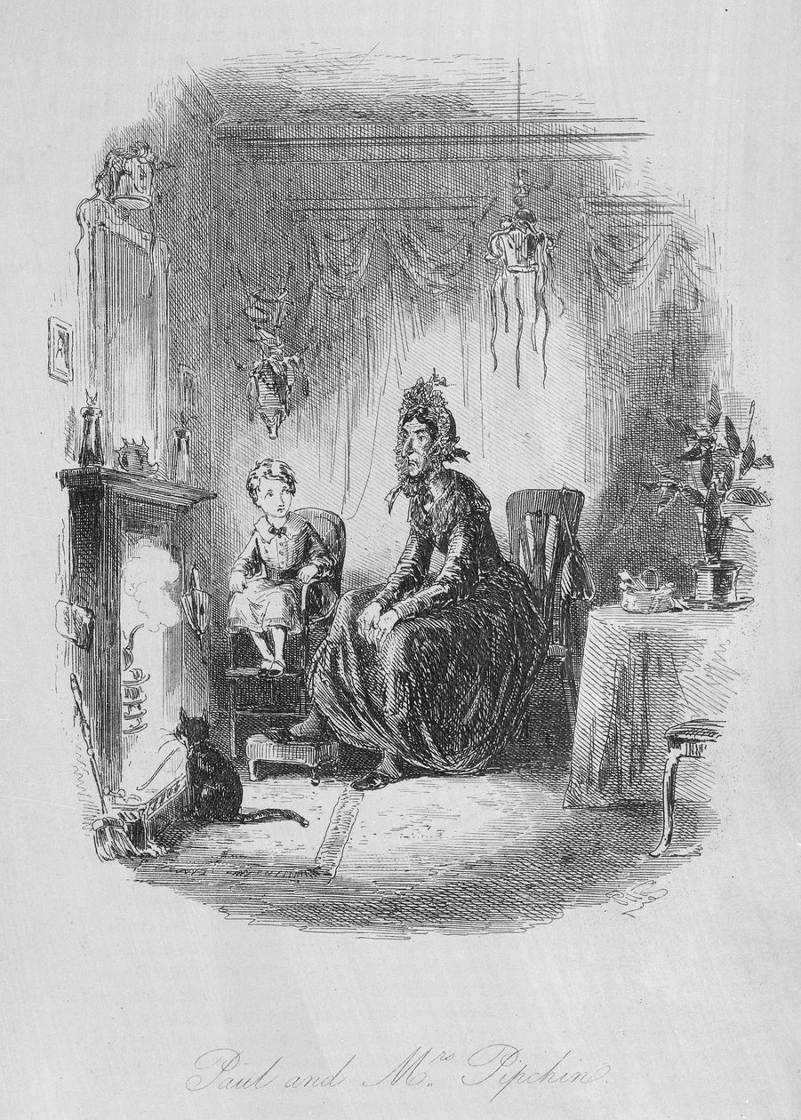 Paul e Sra. Pipchin, ilustração de "Dombey and Son", de Charles Dickens (1812-1870), publicada pela primeira vez em 1848 de Hablot Knight Browne