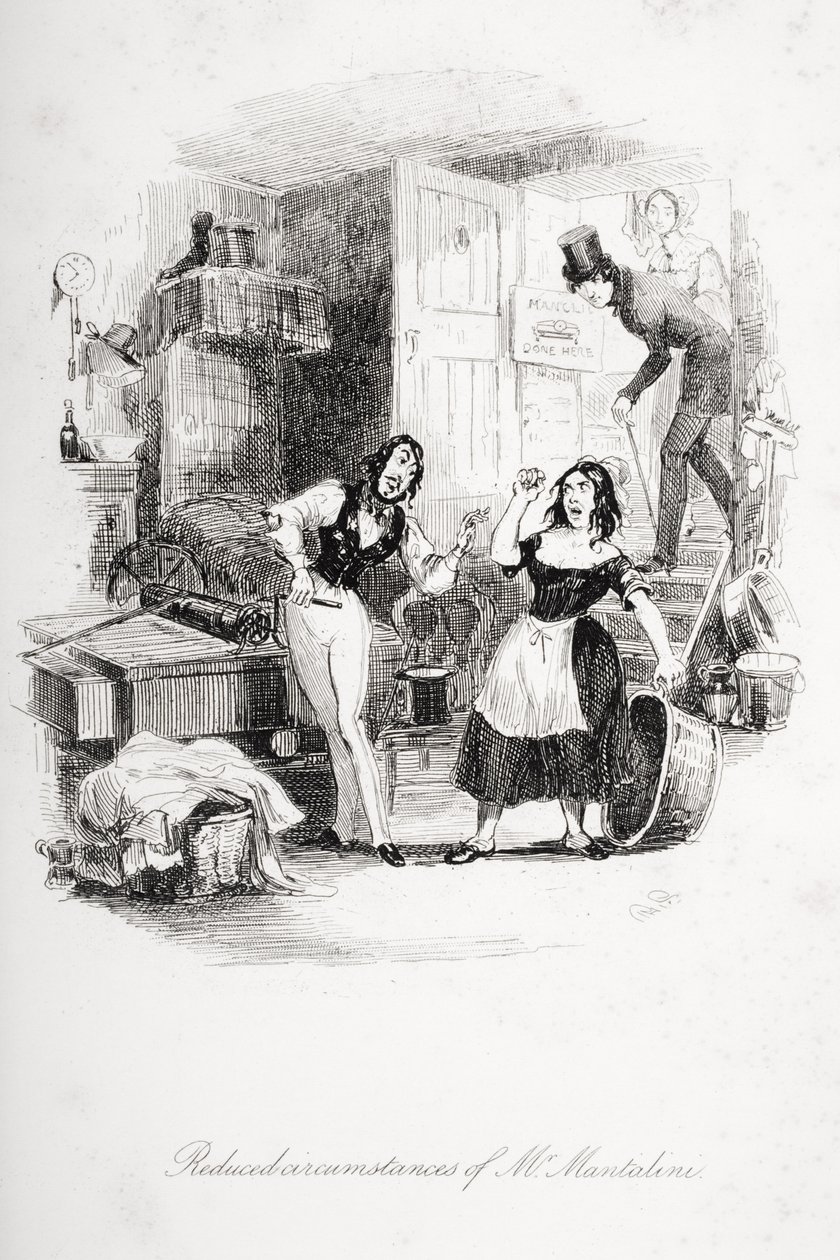 Circunstâncias reduzidas do Sr. Mantalini, ilustração de `Nicholas Nickleby &39;por Charles Dickens (1812-1870) publicou 1839 de Hablot Knight Browne