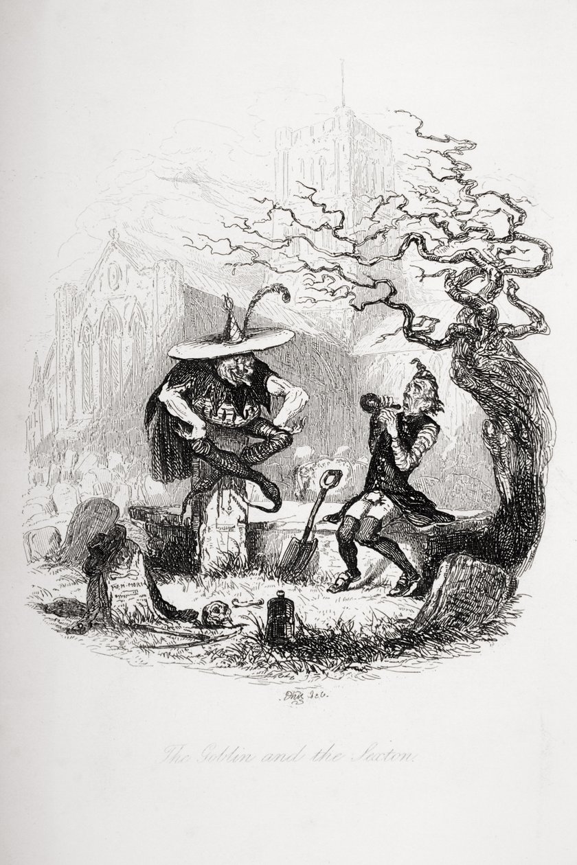 O duende e o sacristão, ilustração de "The Pickwick Papers" por Charles Dickens (1812-1870) publicou 1837 de Hablot Knight Browne