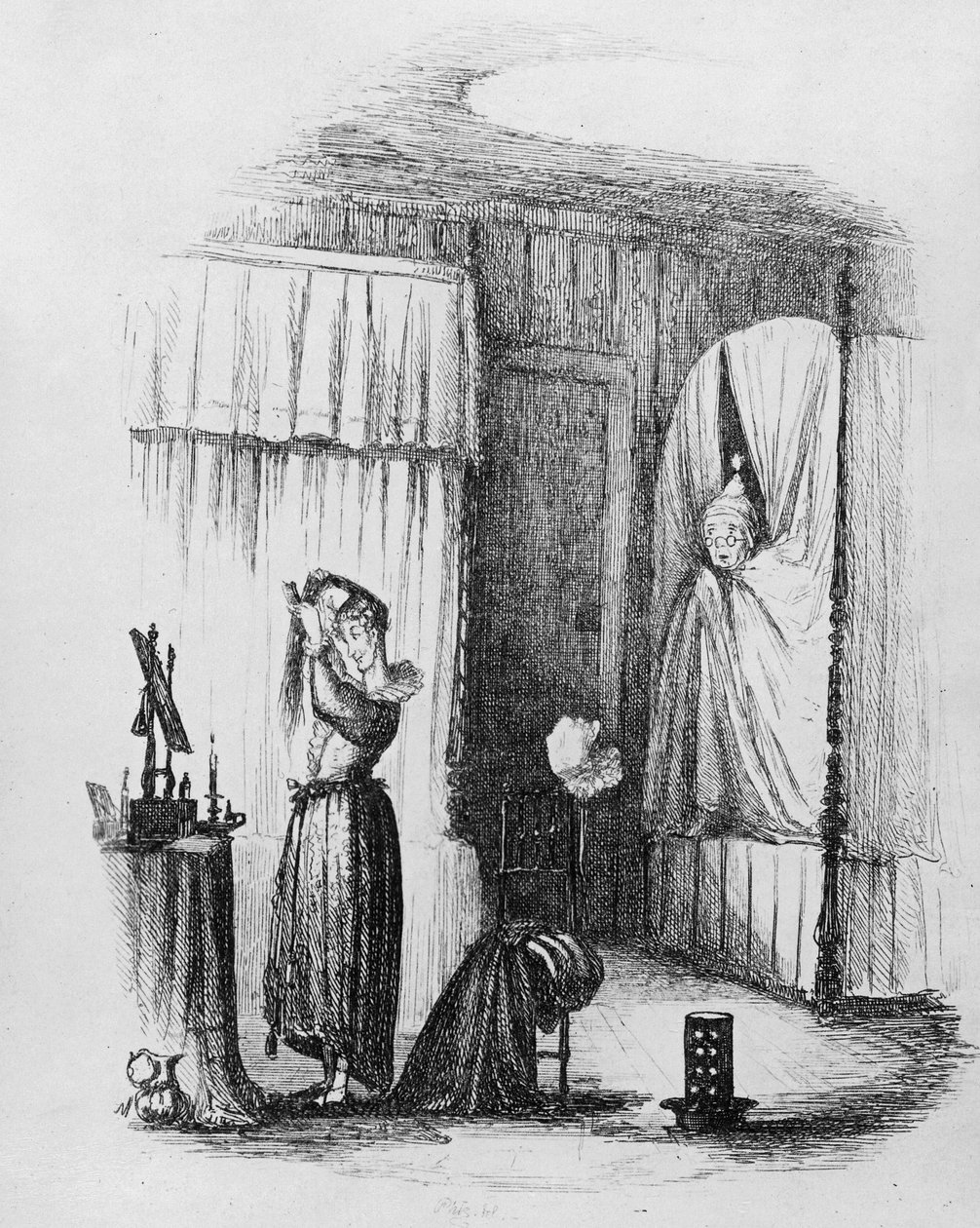 A senhora de meia-idade no quarto com cama de casal, ilustração de &39;The Pickwick Papers&39; por Charles Dickens, publicado em 1837 de Hablot Knight Browne