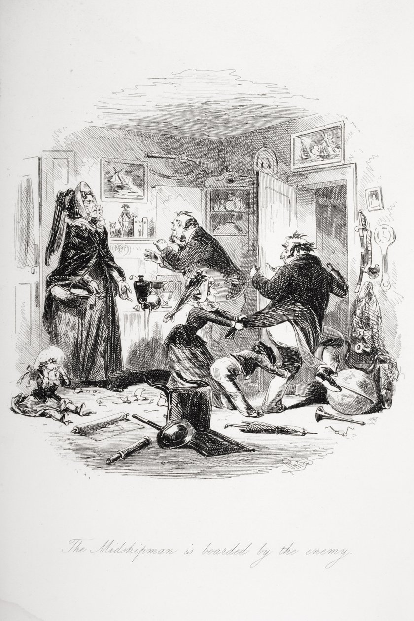 O aspirante é abordado pelo inimigo, ilustração de "Dombey and Son", de Charles Dickens (1812-1870), publicado pela primeira vez em 1848 de Hablot Knight Browne