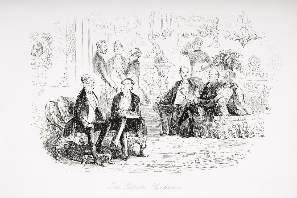 A Conferência Patriótica, ilustração de "Little Dorrit", de Charles Dickens (1812-1870), publicada pela primeira vez em 1857 de Hablot Knight Browne
