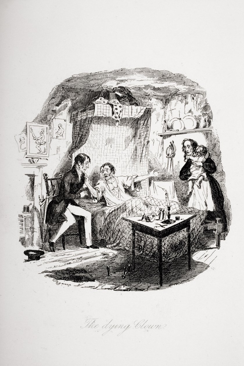 O palhaço moribundo, ilustração de "The Pickwick Papers", de Charles Dickens (1812-1870), publicado em 1837 de Hablot Knight Browne