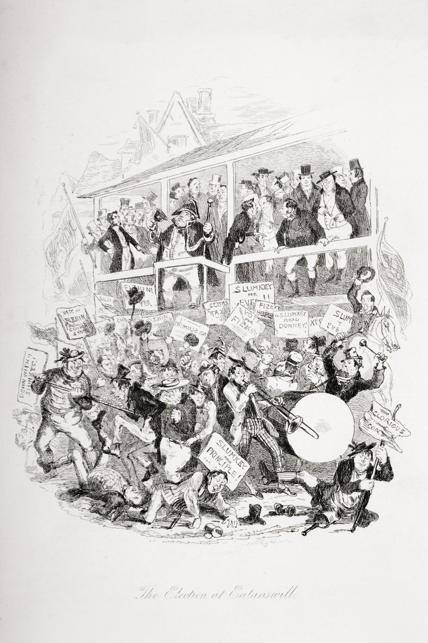 A eleição em Eatanswill, ilustração de "The Pickwick Papers", de Charles Dickens (1812-1870), publicou 1837 de Hablot Knight Browne