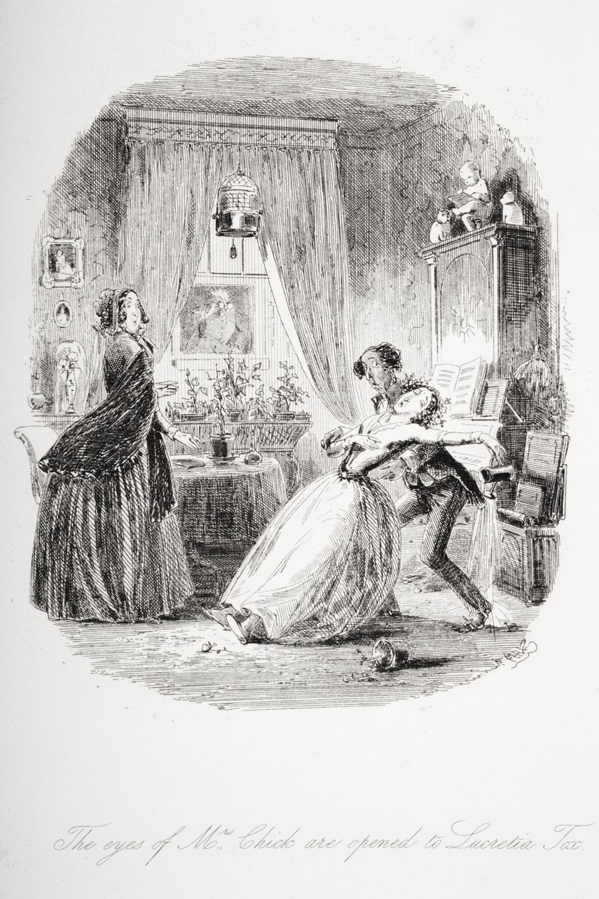 Os olhos da Sra. Chick são abertos para Lucretia Tox, ilustração de "Dombey and Son" de Charles Dickens (1812-1870) publicado pela primeira vez em 1848 de Hablot Knight Browne