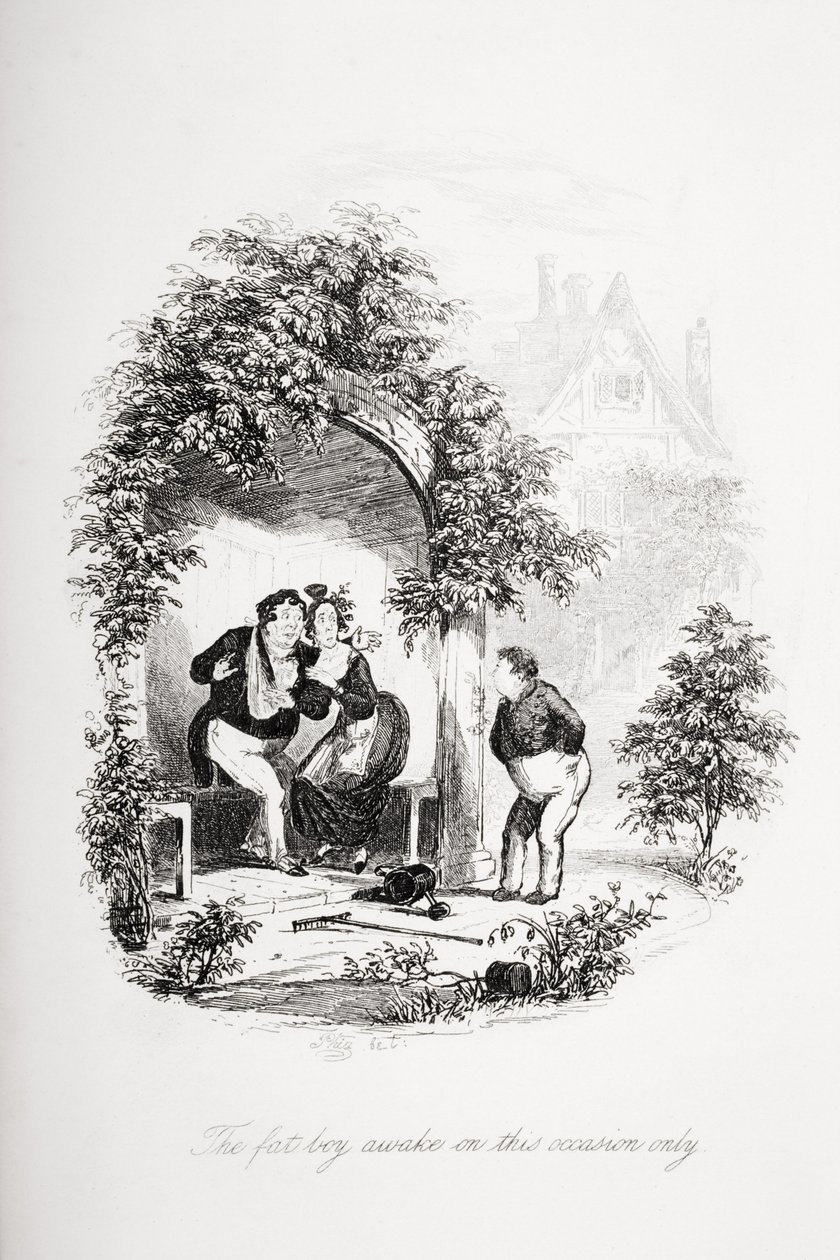 O menino gordo acordou apenas nesta ocasião, ilustração de "The Pickwick Papers", de Charles Dickens (1812-1870), publicada em 1837. de Hablot Knight Browne