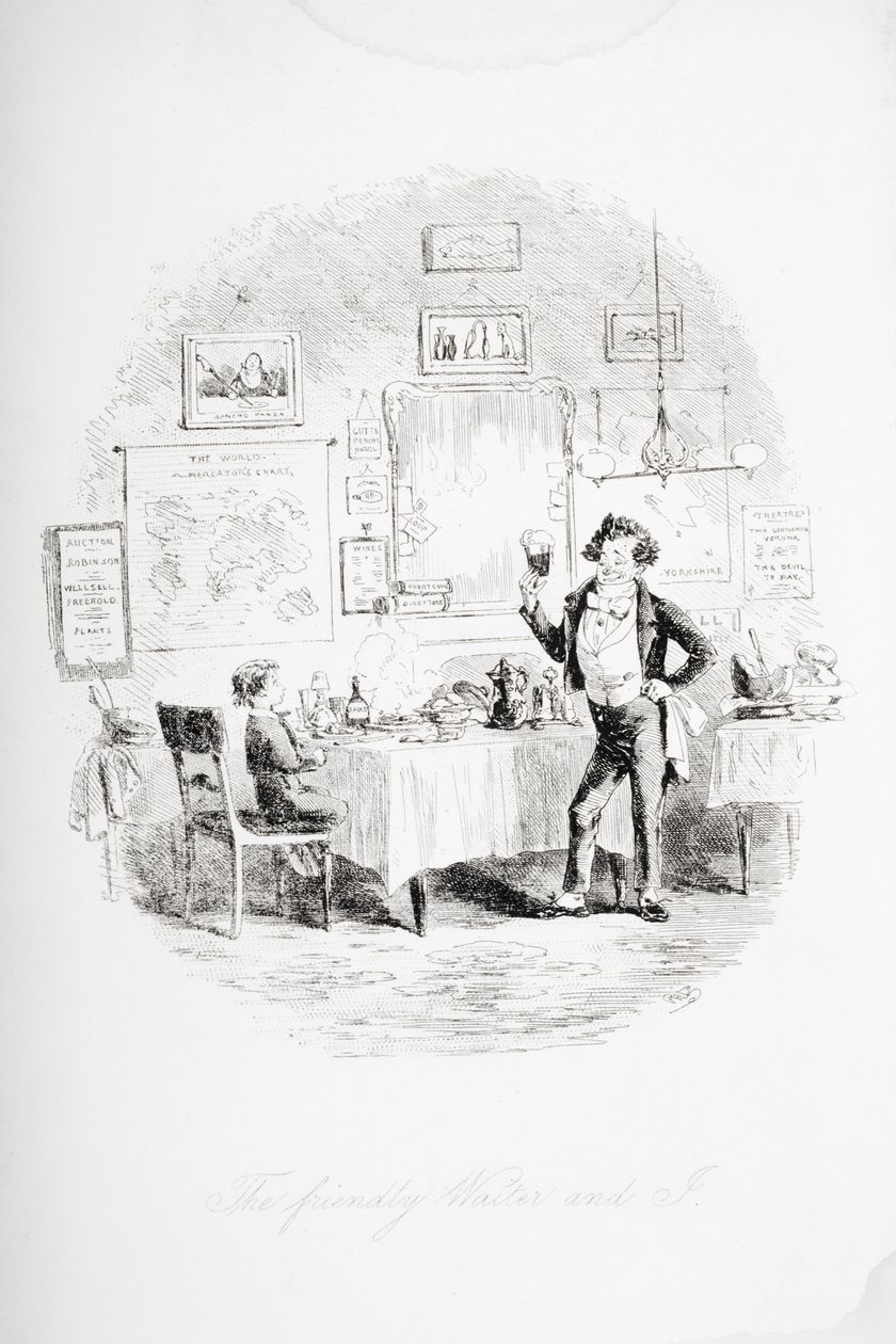 O simpático garçom e eu, ilustração de &39;David Copperfield&39; de Charles Dickens (1812-1870), publicado pela primeira vez em 1850 de Hablot Knight Browne