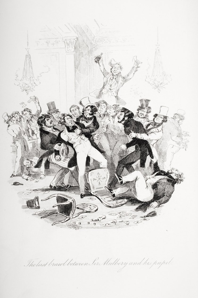 A última briga entre Sir Mulberry e seu aluno, ilustração de "Nicholas Nickleby", de Charles Dickens (1812-1870), publicada em 1839 (ver também 249149) de Hablot Knight Browne