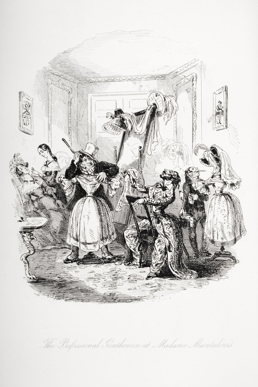 O cavalheiro profissional da Madame Mantalini, ilustração de "Nicholas Nickleby" de Charles Dickens (1812-1870) publicou 1839 de Hablot Knight Browne