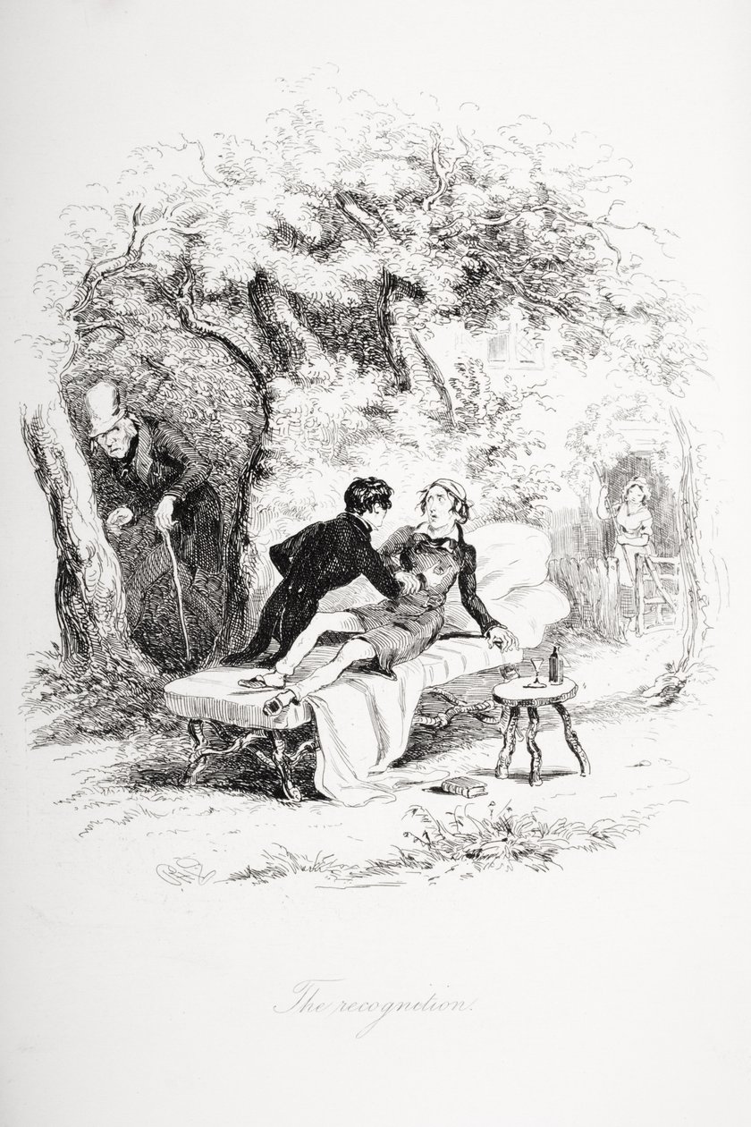 O reconhecimento, ilustração de `Nicholas Nickleby &39;por Charles Dickens (1812-1870) publicou 1839 de Hablot Knight Browne