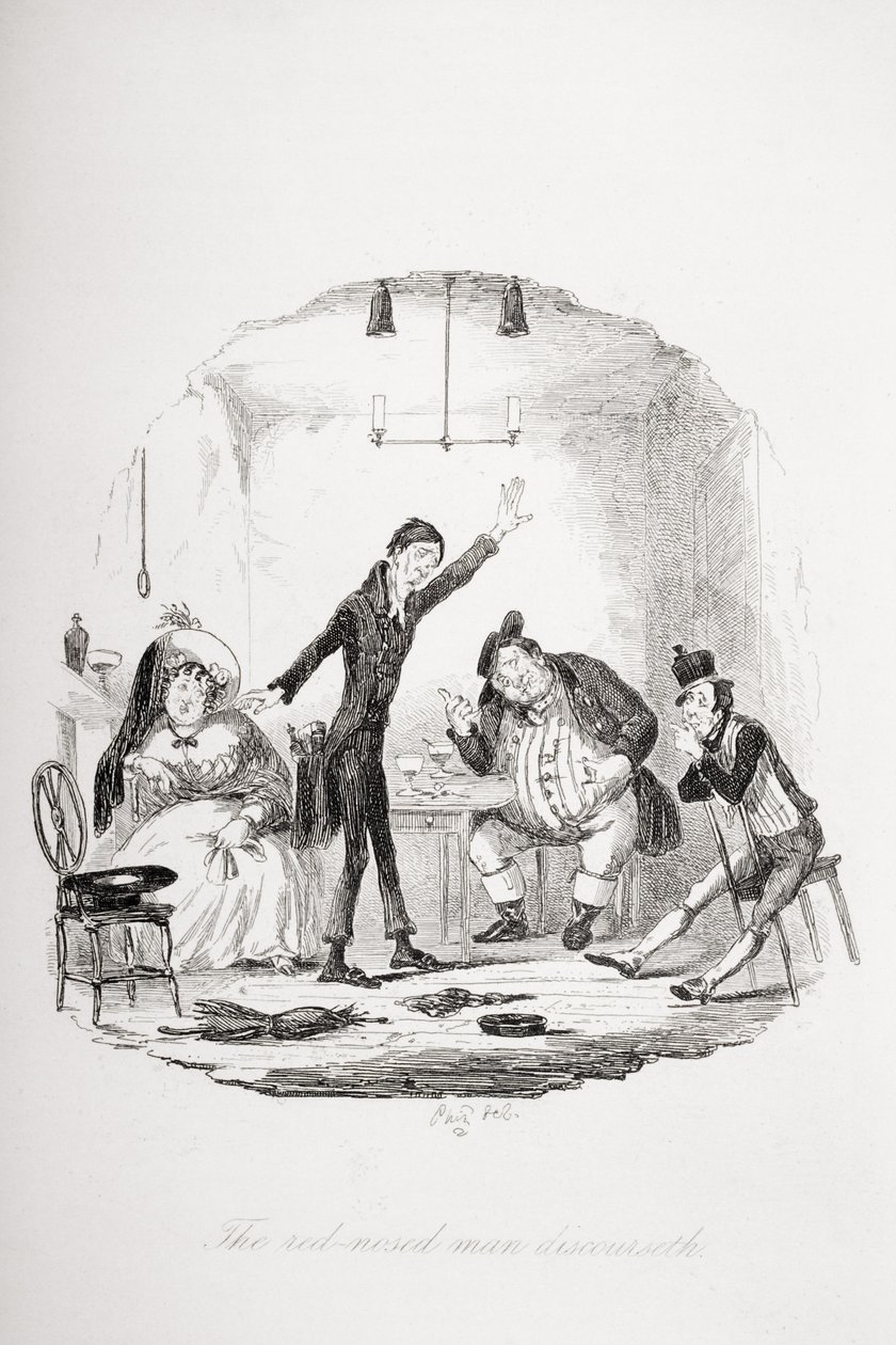 O homem de nariz vermelho discursa, ilustração de "The Pickwick Papers", de Charles Dickens (1812-1870), publicada em 1837 de Hablot Knight Browne