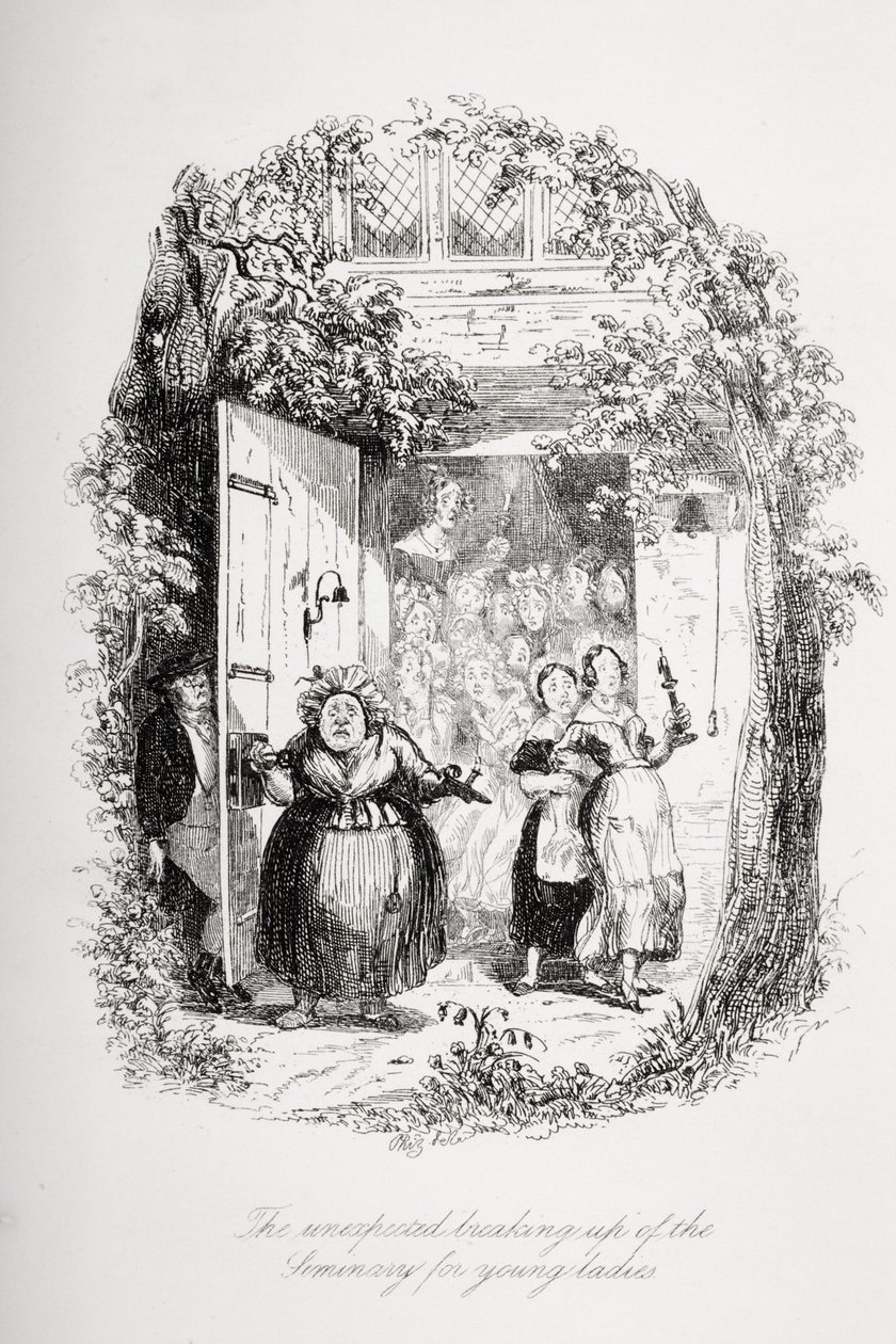 O inesperado desmembramento do seminário para moças, ilustração de "The Pickwick Papers", de Charles Dickens (1812-1870), publicada em 1837 de Hablot Knight Browne