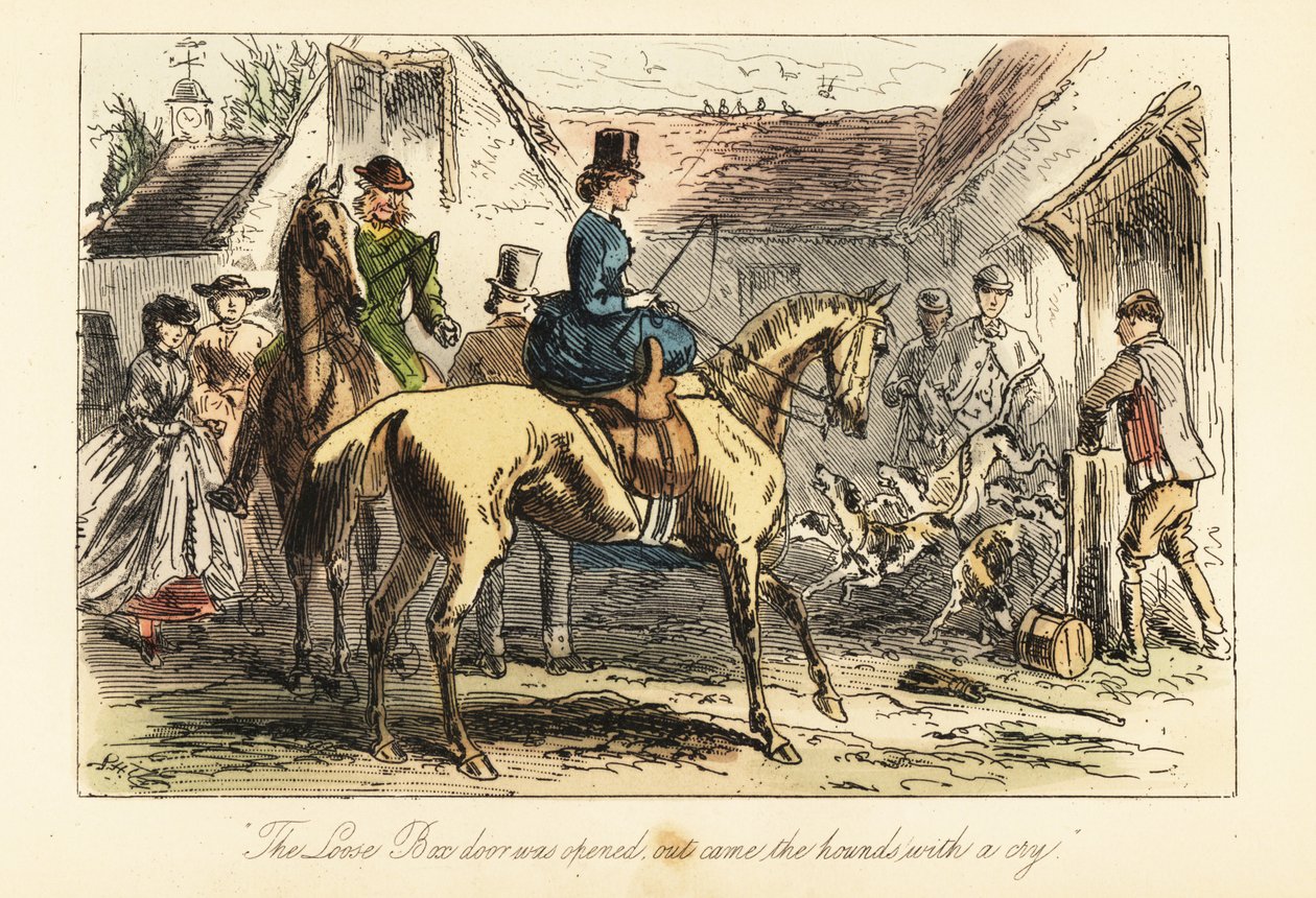 Caçadores vêem os cães de caça a sair de uma prisão antes de uma caçada. de after Hablot Knight Browne