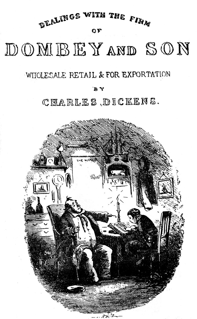 Dombey & Son de Charles Dickens. Página de título de Hablot Knight Browne