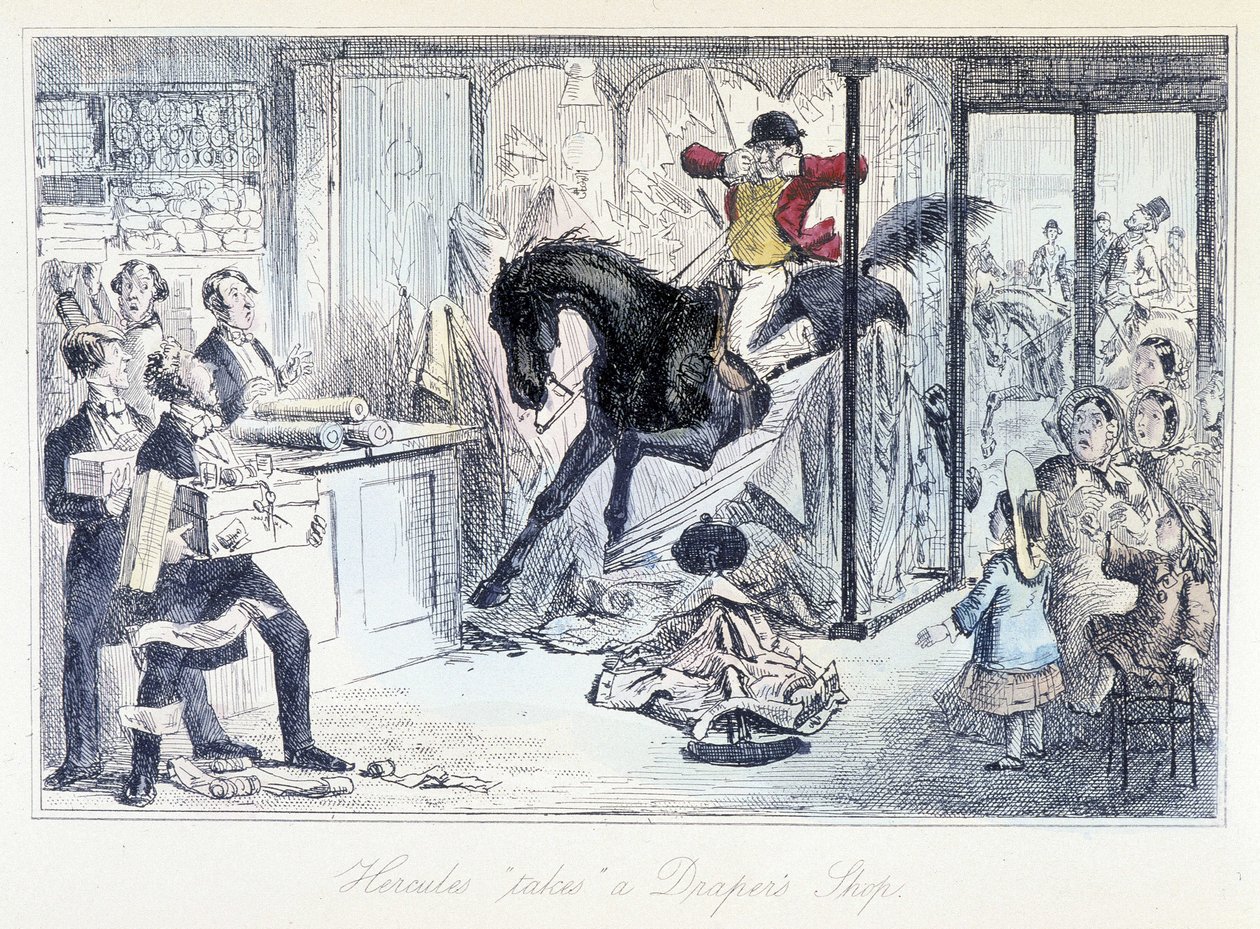 Caçador de cavalos a entrar acidentalmente numa loja de tecidos. O desenho animado em inglês sobre a caça é retirado de "aventuras de Thomas Scott ou Hawbuck Grange", ilustração de H.K. Browne e W.T. Maud. de Hablot Knight Browne