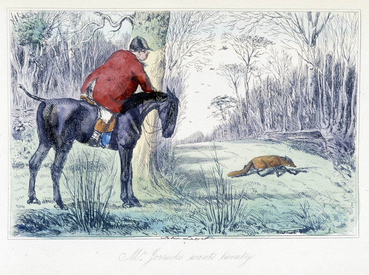 Cena de Caça aos Cavalos. Desenho animado inglês sobre caça à raposa da ilustração de "Adventures of Thomas Scott or Hawbuck Grange" de H.K. Browne e W.T. Maud. de Hablot Knight Browne