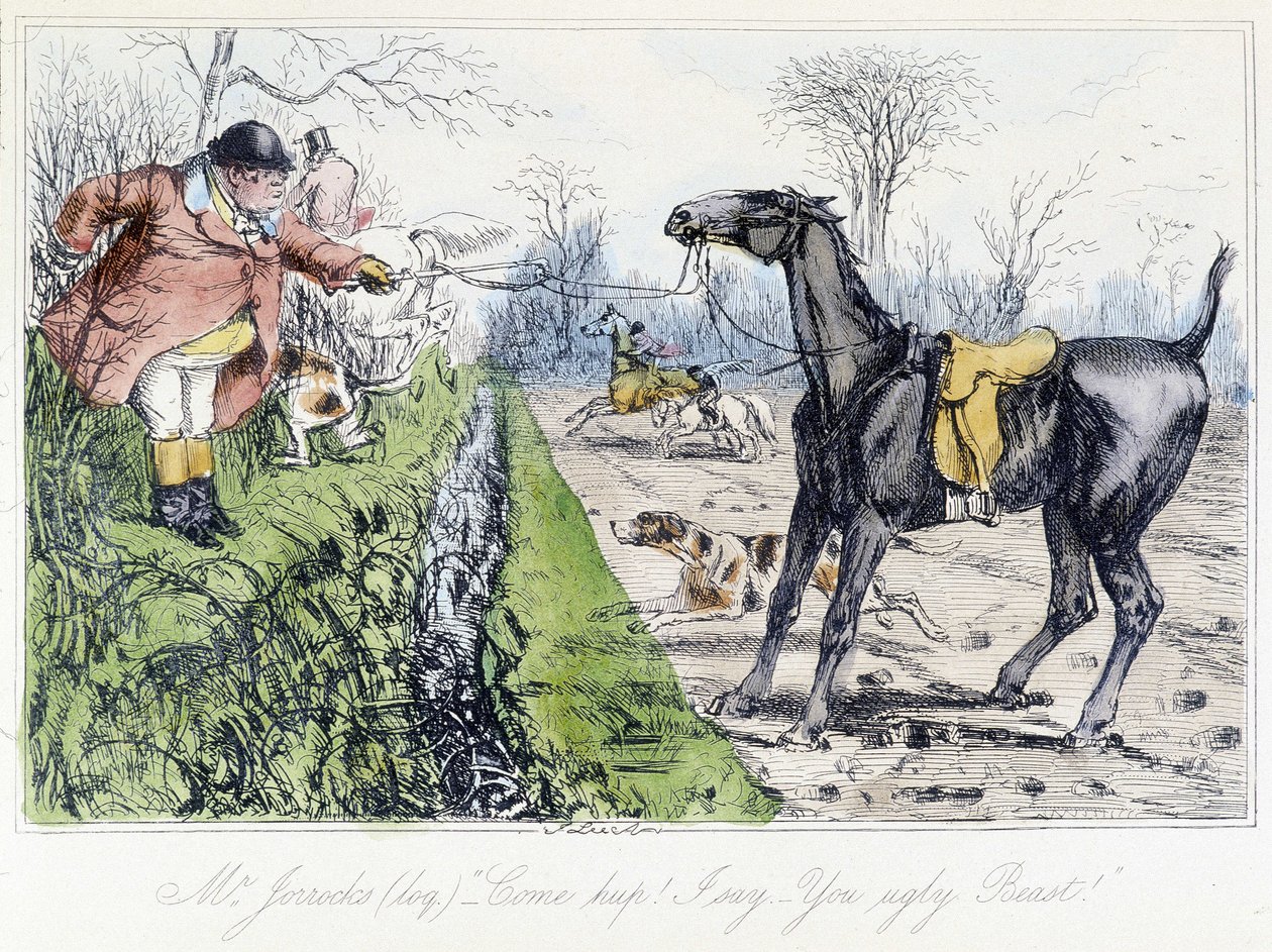 Cena de Caça aos Cavalos. Desenho animado inglês sobre a caça à raposa das "aventuras de Thomas Scott ou Hawbuck Grange", ilustração de H.K. Browne e W.T. Maud. de Hablot Knight Browne