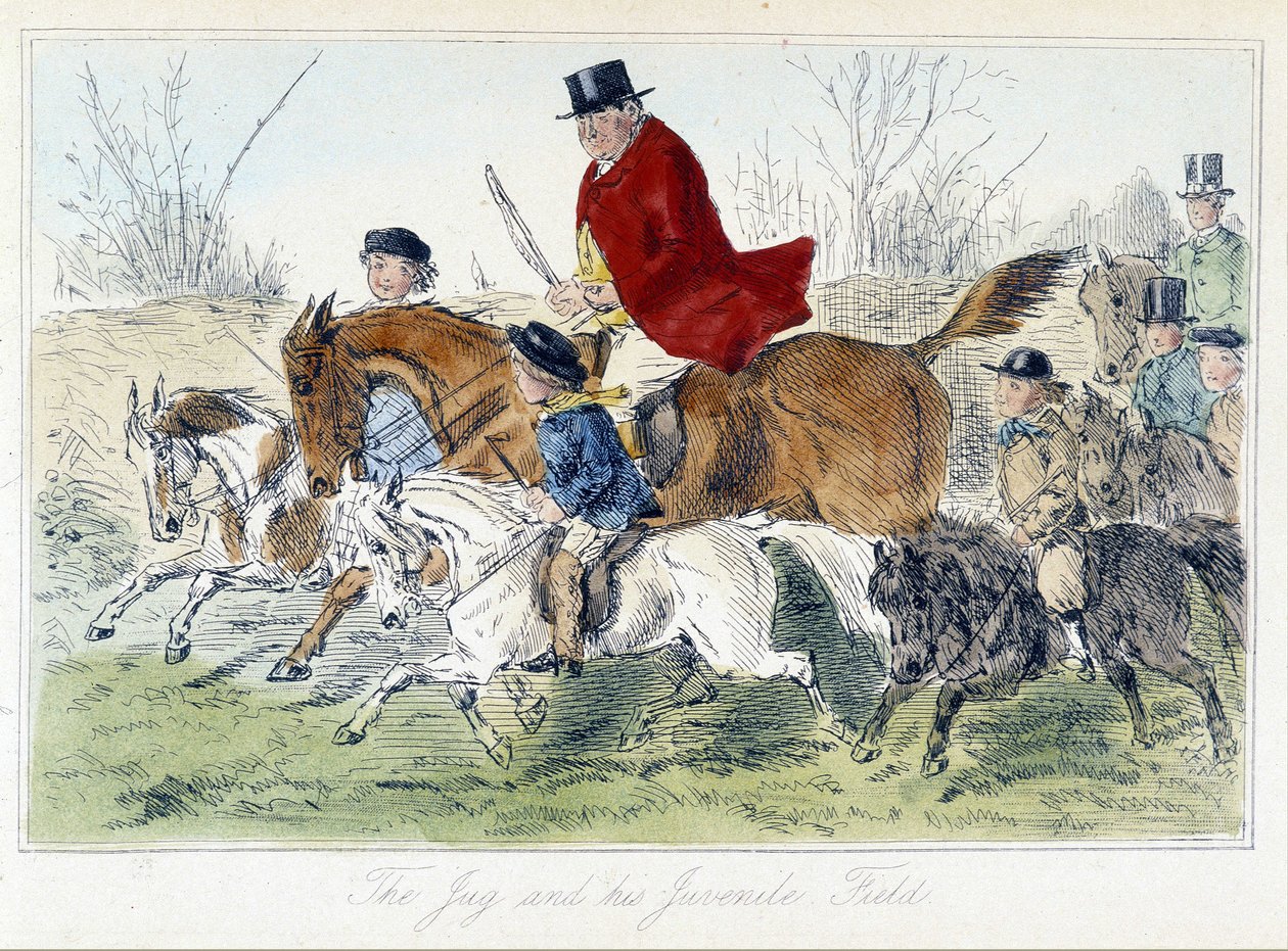 Cena de caça, caricatura inglesa sobre desenhos de caça à raposa de "aventuras de Thomas Scott ou Hawbuck Grange", ilustração de H.K. Browne e W.T. Maud. de Hablot Knight Browne