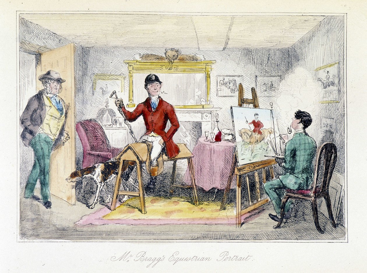 Pintor realizando o retrato equestre de Mr Bragg em "As Aventuras de Thomas Scott", ilustração de H.K. Browne e W.T. Maud. Desenho animado inglês sobre a caça à raposa. de Hablot Knight Browne