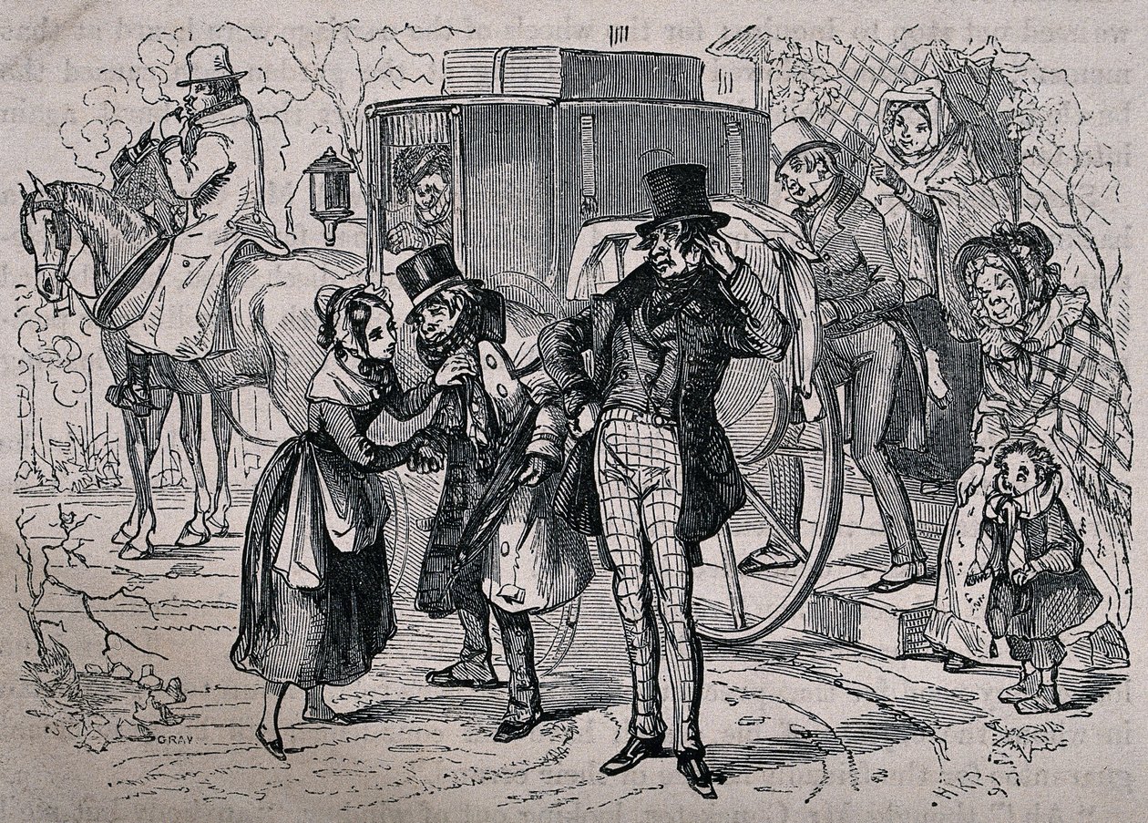 Uma jovem cuida de um homem que parece doente, enquanto os habitantes da casa entram na carruagem. Gravura em madeira de Gray, baseada numa obra de H.K. Browne. de Hablot Knight Browne