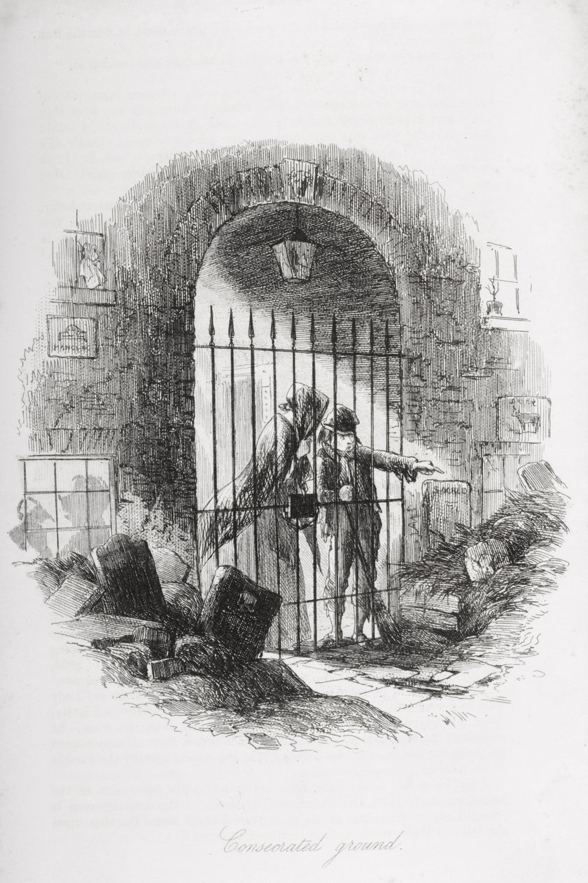 Terreno Consagrado, ilustração de &39;Bleak House&39;, de Charles Dickens (1812-1870), publicado em 1853 de Hablot Knight Browne