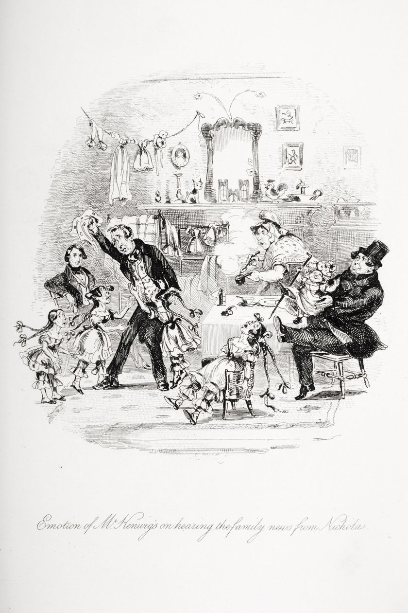 Emoção do Sr. Kenwigs ao ouvir as notícias da família de Nicholas, ilustração de "Nicholas Nickleby", de Charles Dickens (1812-1870), publicada em 1839 (ver também 259138) de Hablot Knight Browne