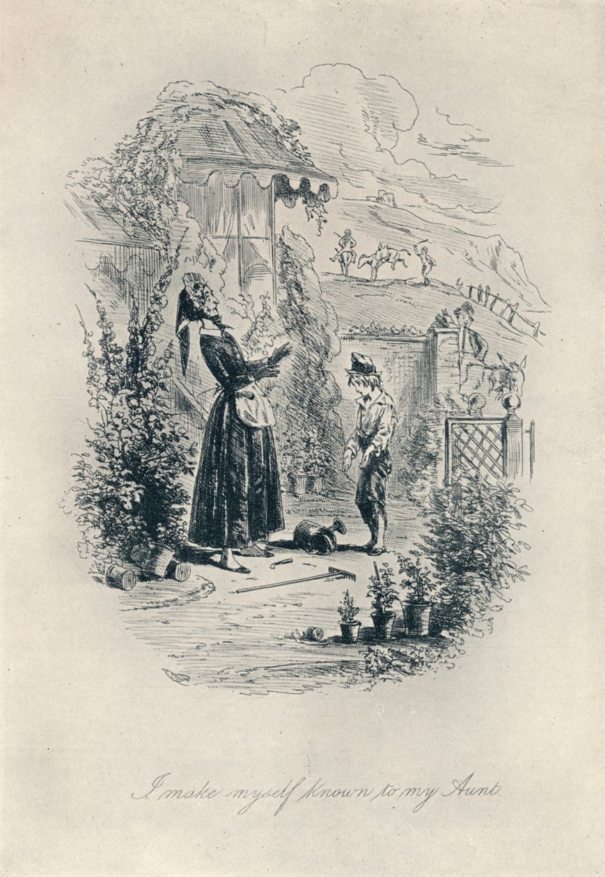 Faço-me conhecido por minha tia. Gravura a partir de David Copperfield, c1840-1880, 1923 de Hablot Knight Browne