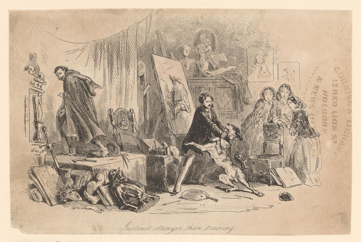 No seu ateliê, Henry Gowan contém o seu cão, que acaba de reconhecer o criminoso Rigaud de Hablot Knight Browne