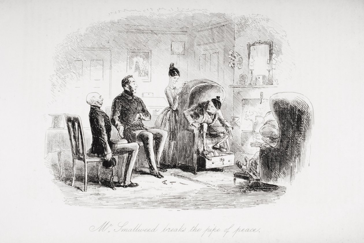 Sr. Smallweed quebra o Pipe of Peace, ilustração de &39;Bleak House&39; por Charles Dickens (1812-1870) publicado em 1853 de Hablot Knight Browne
