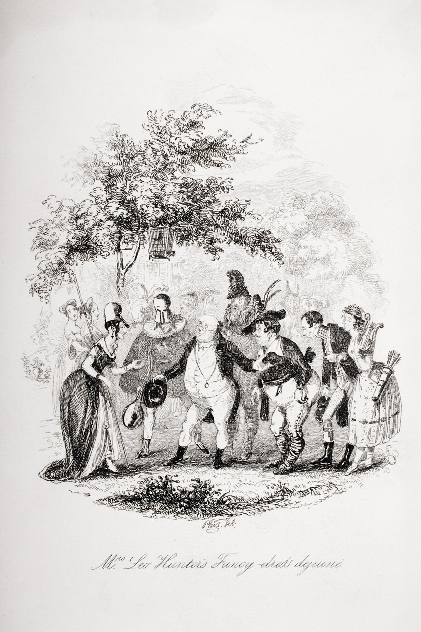 O desenho de fantasia de Mrs. Leo Hunter, ilustração de "The Pickwick Papers", de Charles Dickens (1812-1870), publicado em 1837 de Hablot Knight Browne