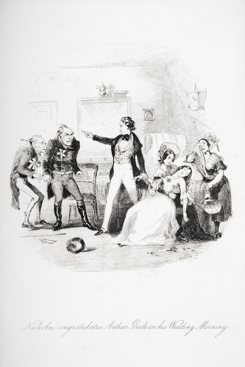Nicholas parabeniza Arthur Gride em sua manhã de casamento, ilustração de "Nicholas Nickleby", de Charles Dickens (1812-1870), publicada em 1839 (ver também 259152). de Hablot Knight Browne