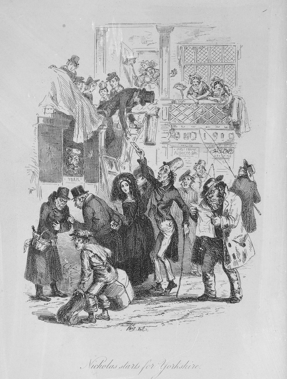 Nicholas começa para Yorkshire, ilustração de "Nicholas Nickleby" por Charles Dickens (1812-1870) publicado em 1839 (lito) de Hablot Knight Browne
